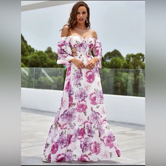 Floral Off The Shoulder Flounce Sleeve Cut Out Maxi Chiffon Dress - Picture 1 of 16